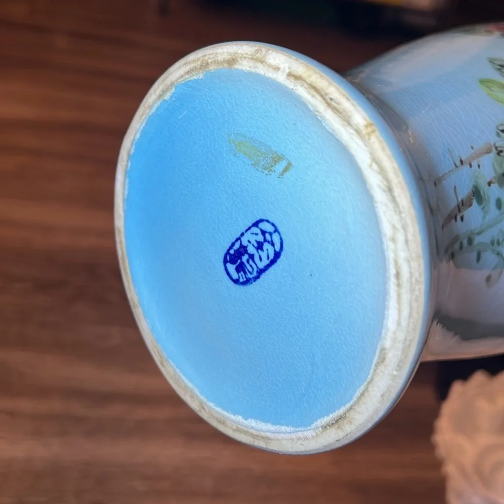 11.5” Vintage Asian oriental style blue Handpainted floral large porcelain vase