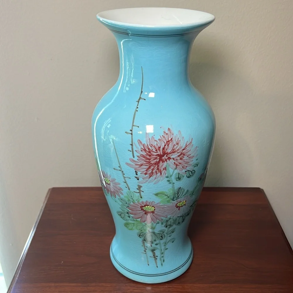 11.5” Vintage Asian oriental style blue Handpainted floral large porcelain vase