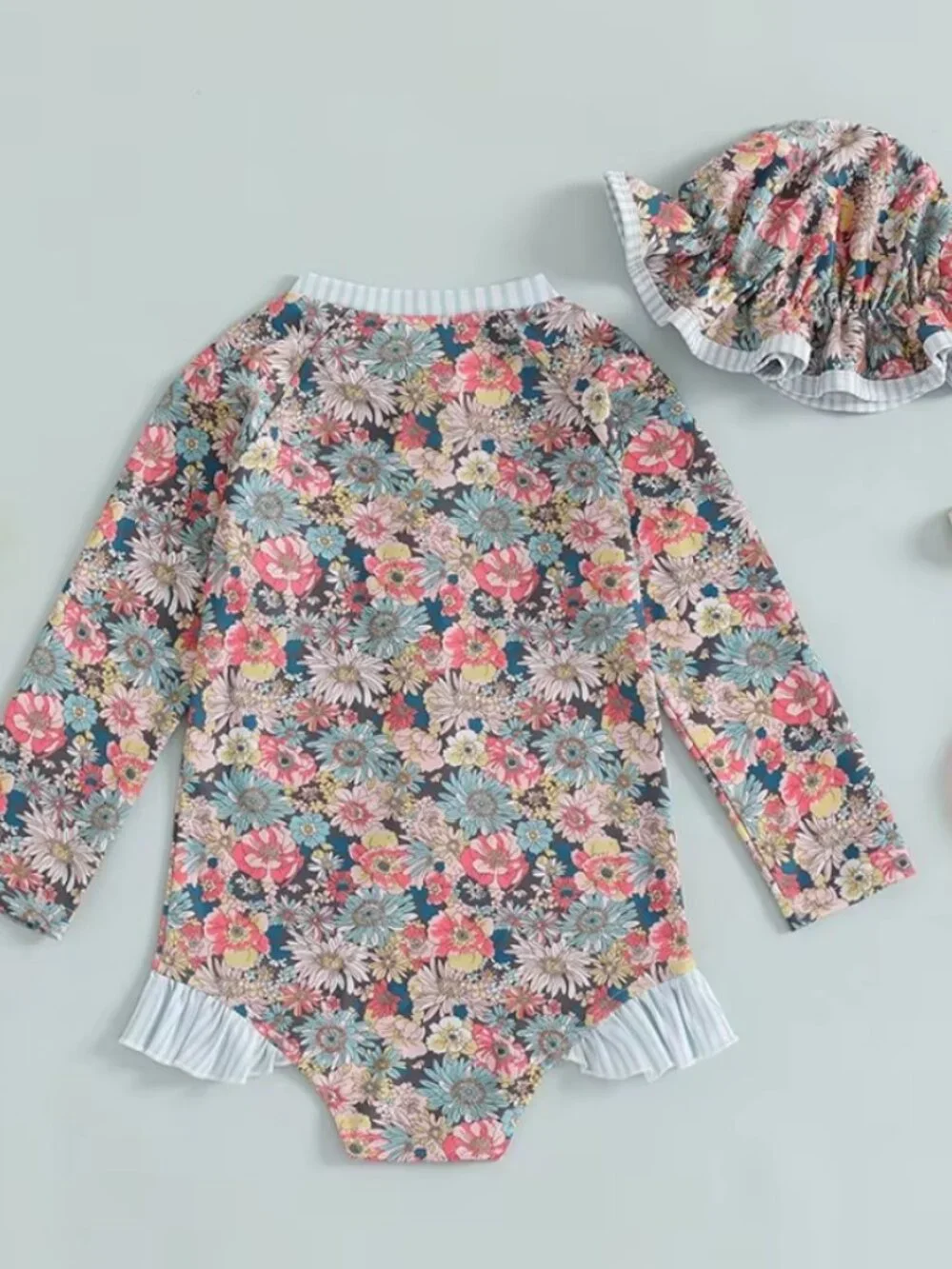 Floral Toddler Girls Long Sleeve One Piece Swimsuit Bathing Suit & Hat