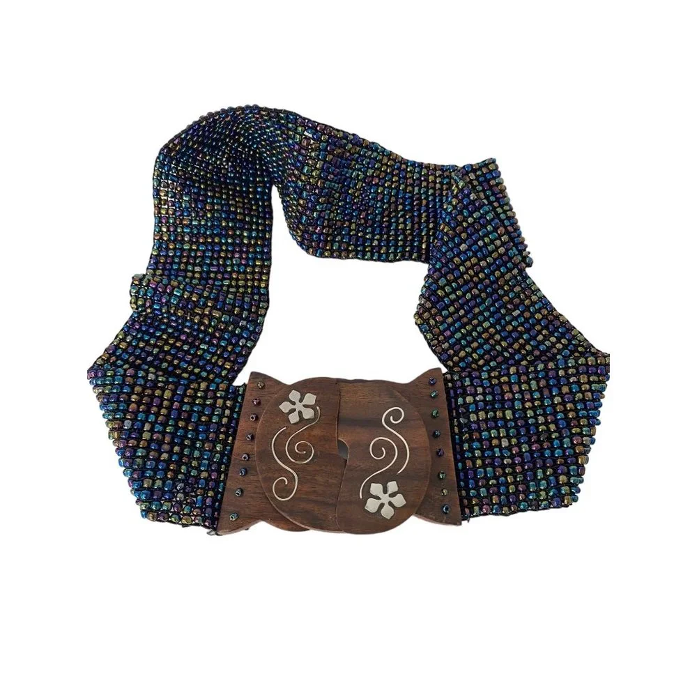 Handmade seed beaded belt stretchy multicolor inlaid‎ wood floral 2.5