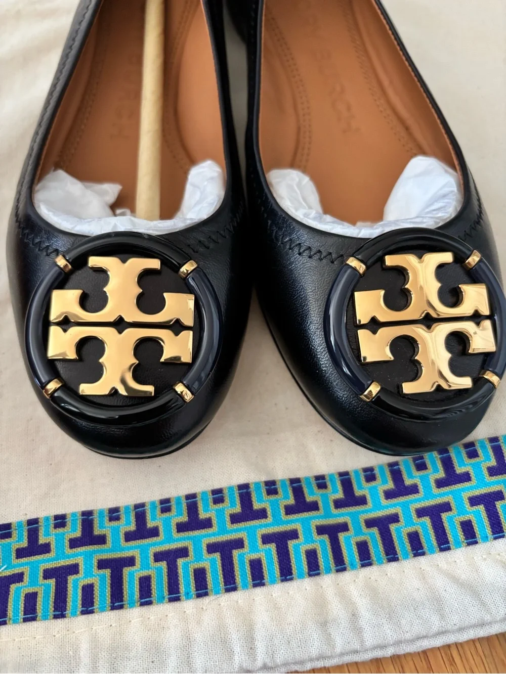 Brand New Tory Burch Black Leather Ballet Flats with Gold Medallion-Never worn