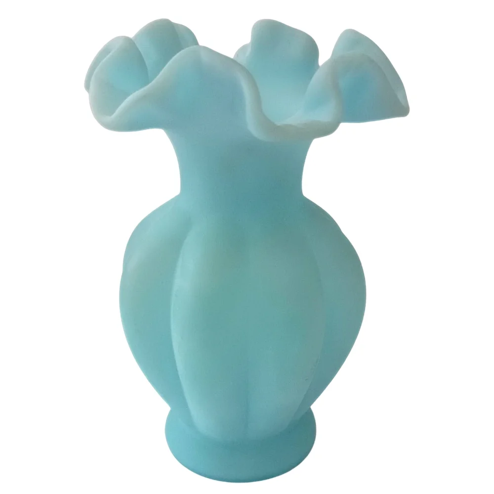 Fenton Satin Art Glass Vase Sky‎ Blue Melon Ruffled Edge Vintage Cottage Garden