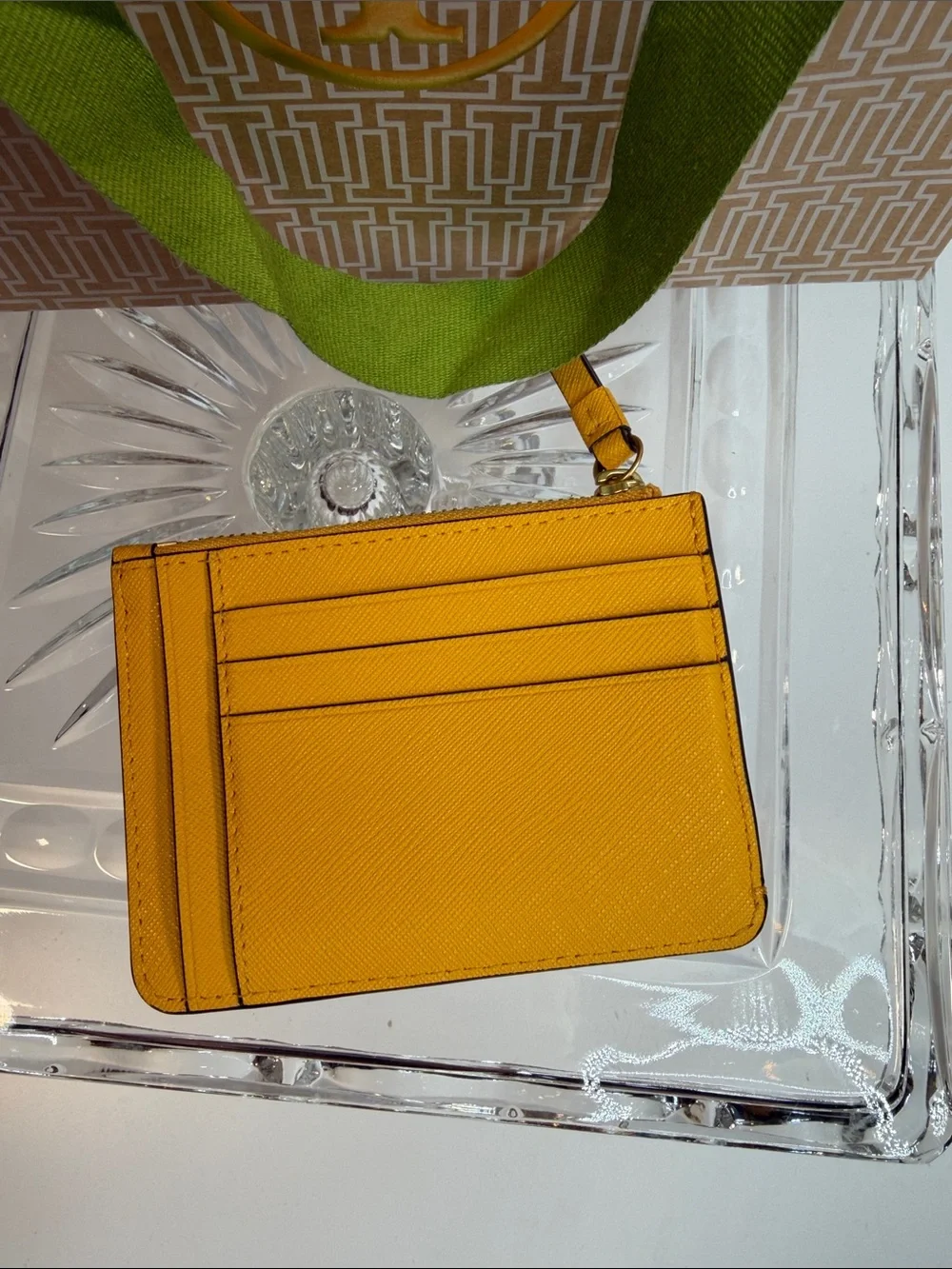 Tory Burch Bright Yellow Saffiano Zip Card Case with Miller Logo- like new