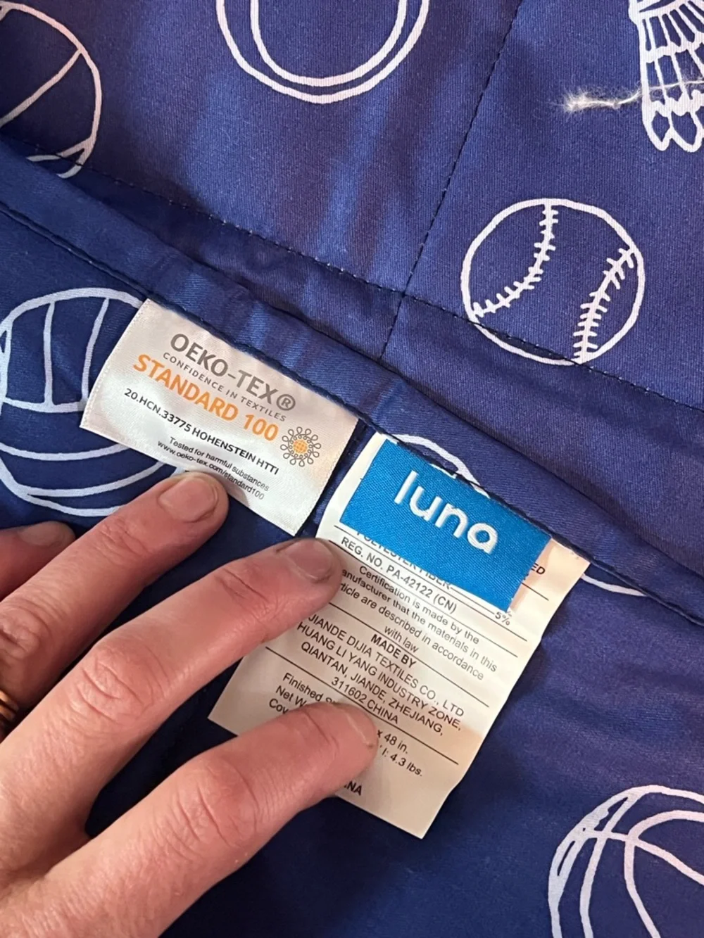 Luna 5lb kids weighted blanket in blue sports themed