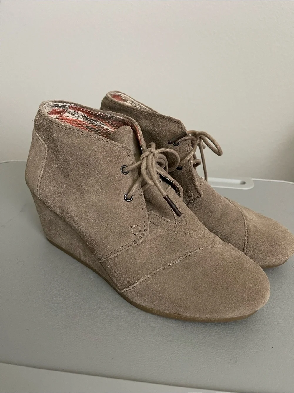 Toms Taupe Suede Lace-Up Wedge Booties