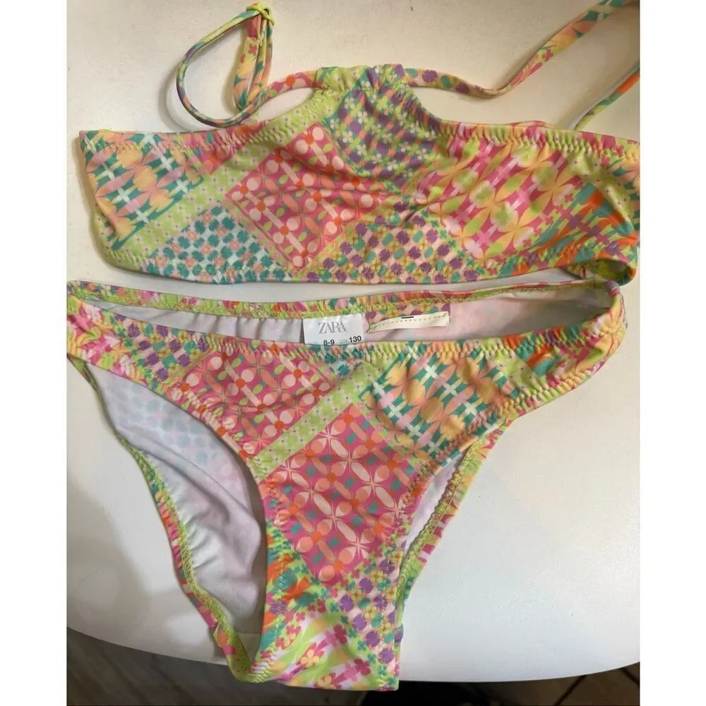 Zara Kids Girls Printed Halter Swim Two-Piece Bikini Set Multicolor Size 8-9