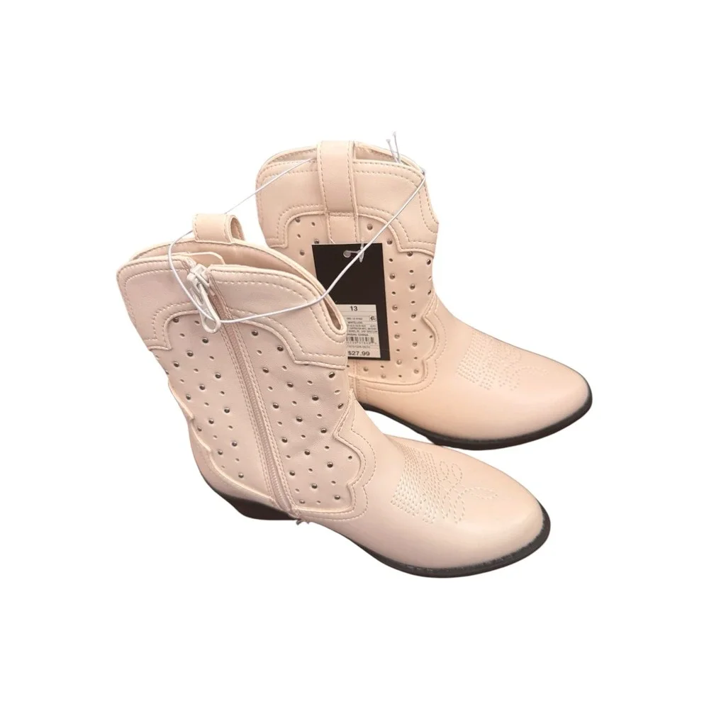 Art Class Girls Jovi Western Cowboy Boots Off White Studded Side Zip Size 13 NEW