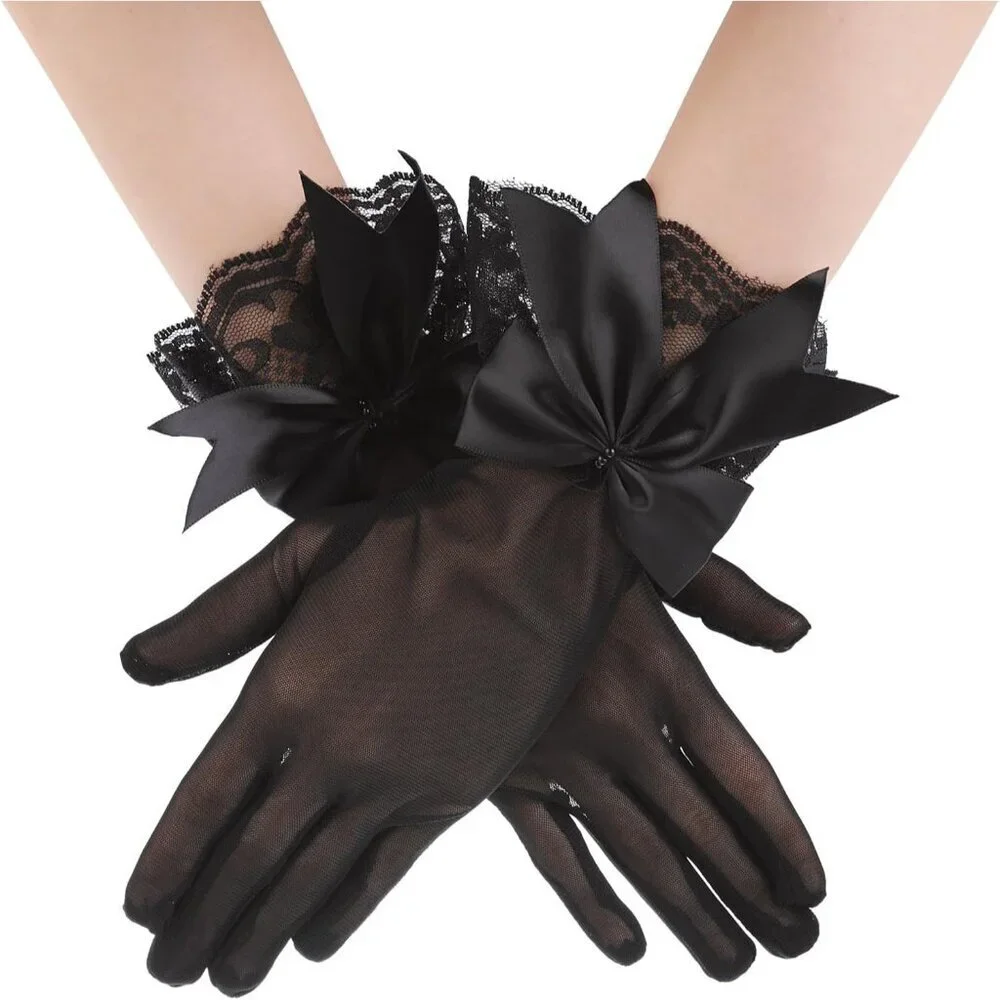 Women's Evening Black Short Bow Lace Gloves Mitten Party Costume Accessories