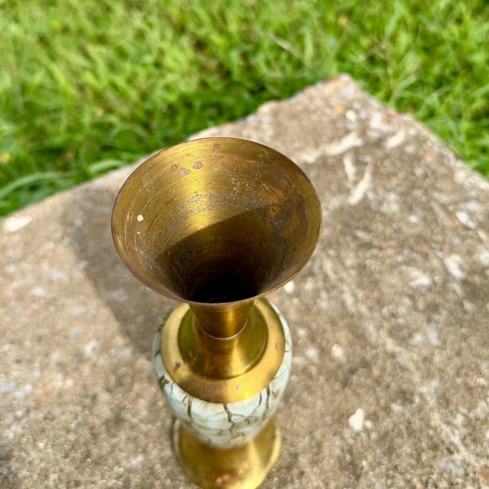 Vintage Old Dutch Delft Brass and Crackle Glaze Bud Vase Made in Holland 8 inch