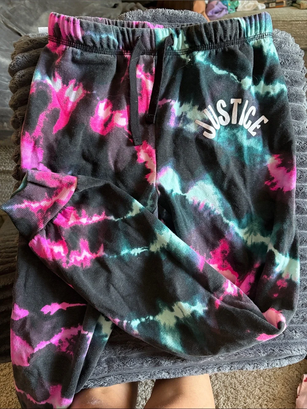 Justice Black Tie-Dye Joggers with Pink & Teal Accents