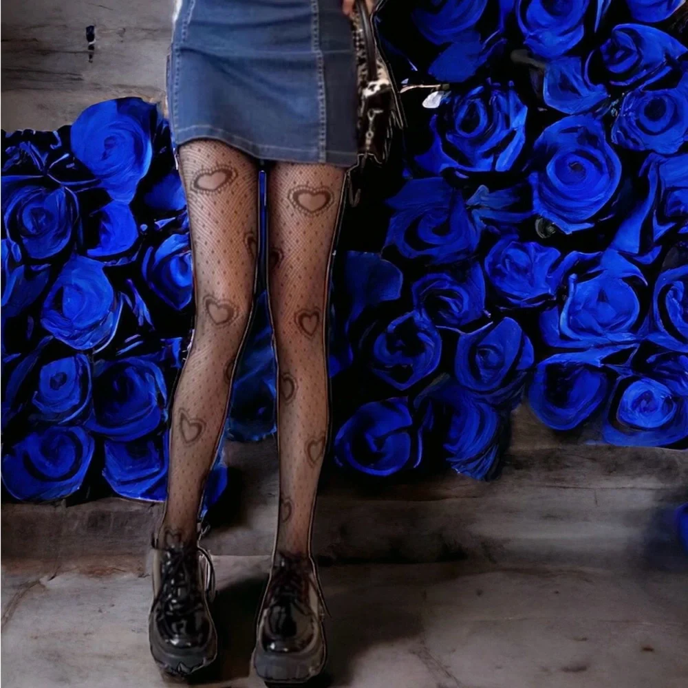 Heart Print Mesh Tights Black Sexy Cut Out High Waist Fishnet Pantyhose One Size