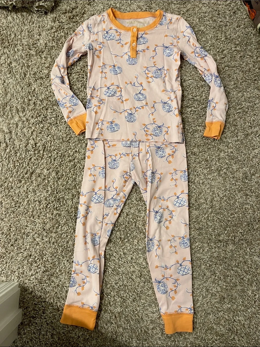 Kids Long Sleeve Pajama Set in Peach with Blue Pumpkin Print