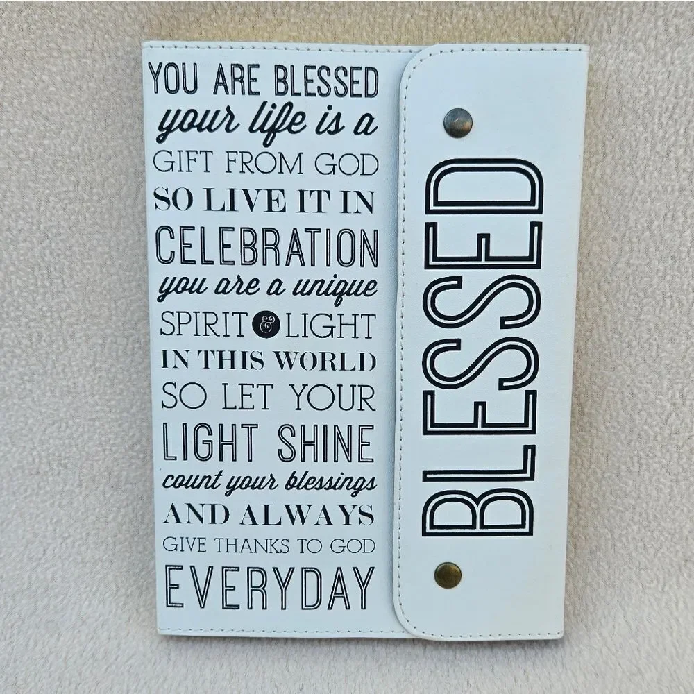 Blessed White and Black Snap Front Faux Leather Notebook