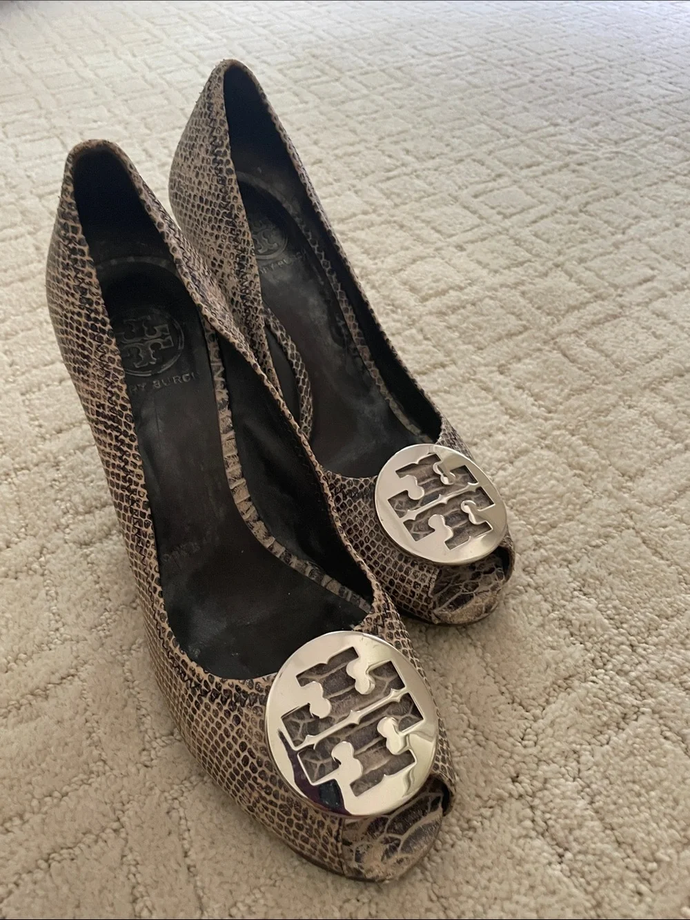 Tory Burch Snake-Embossed Peep-Toe Pumps with Silver Logo Medallions