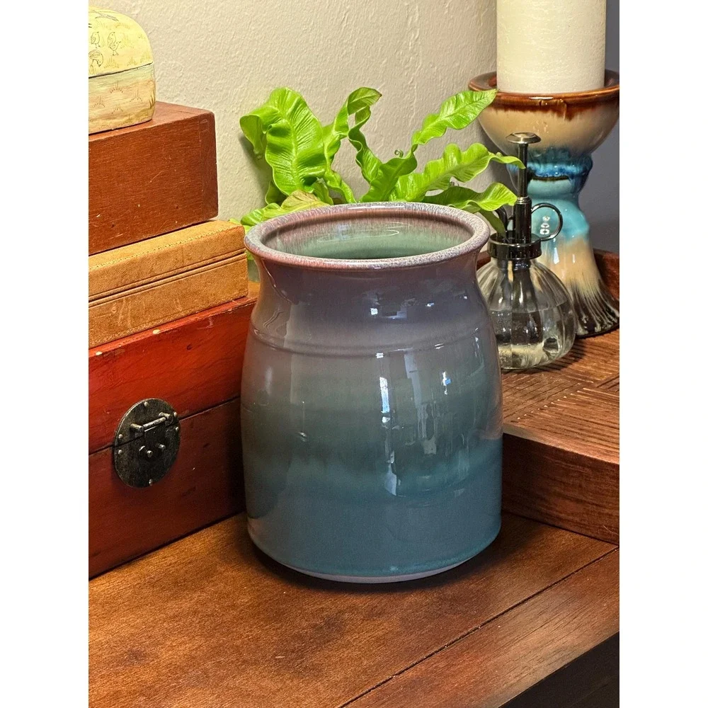 Artist Signed Handmade Pottery Vase Blue Green Brown Drip Glaze