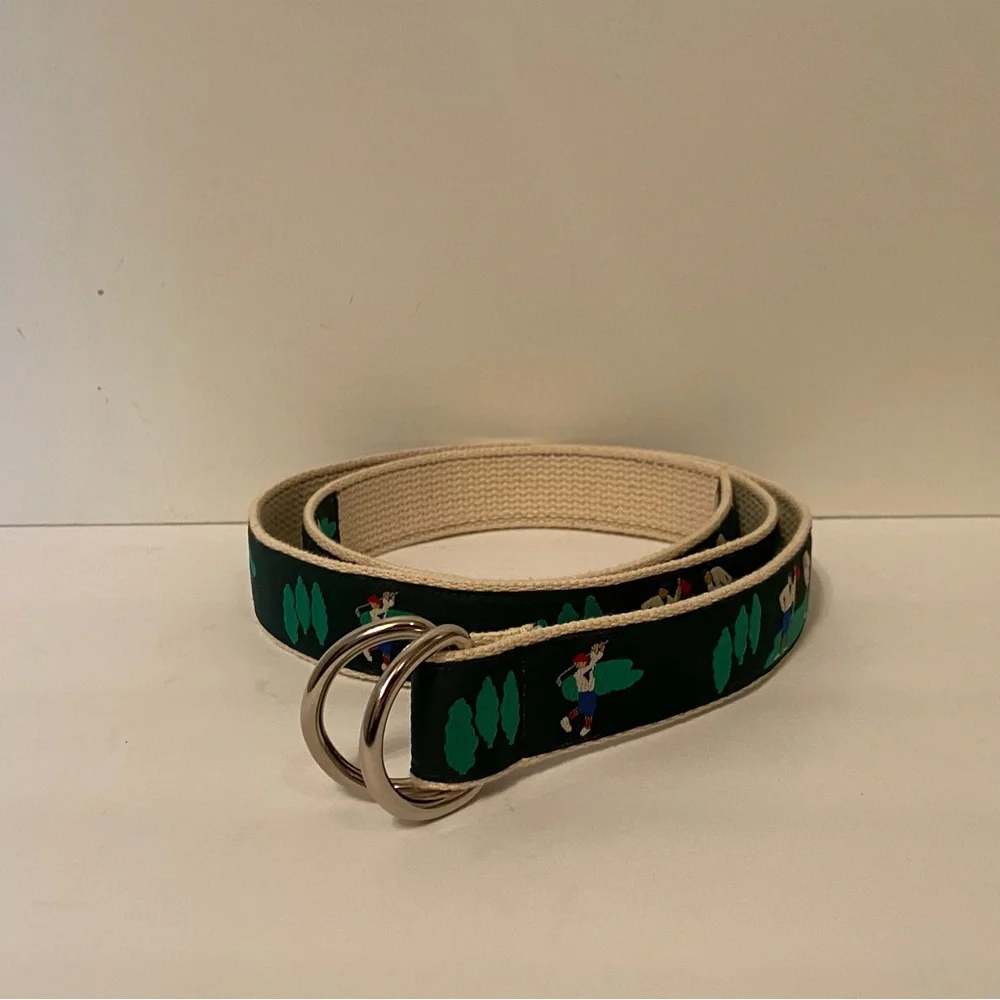 MENS BELT GOLF THEME GREEN CREAM WEBBING SILVER TONE D RINGS SIZE 38