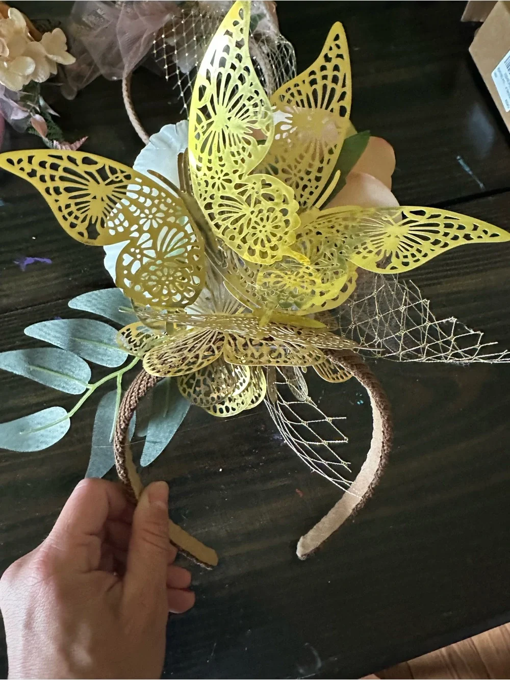Peach and Ivory Floral Headband Fascinator with Gold Butterfly Accents