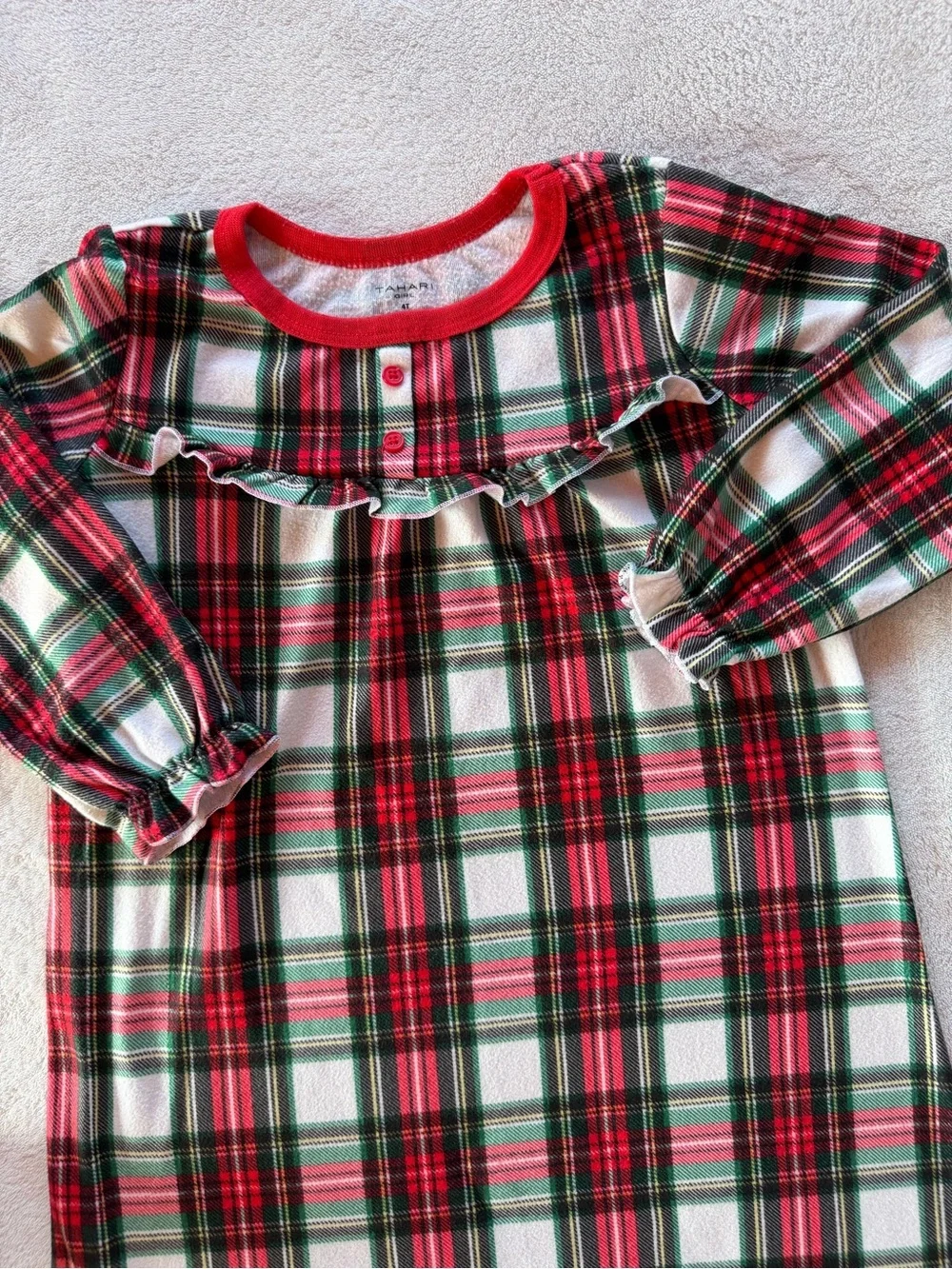 Tahari Red & Green Plaid Ruffle-Yoke Long Sleeve Nightgown Size 4T
