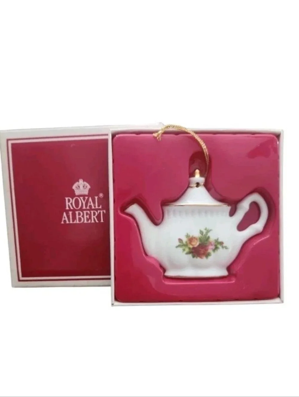 ROYAL ALBERT Vintage Christmas Tree Ornament Old Country Roses TEA POT Porcelain