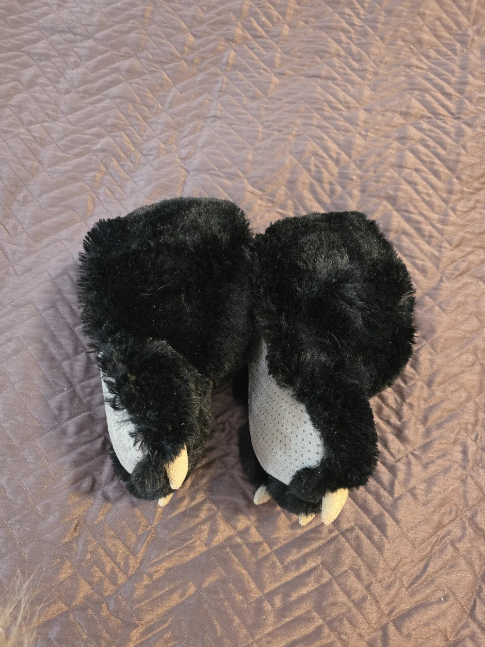 Lazy One Black Plush Bear Paw Kids Slippers with Cream Claws