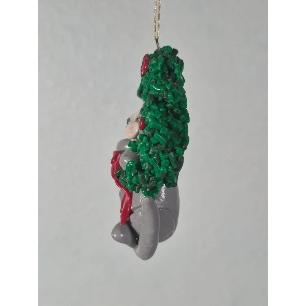 Handmade Polymer Clay Grey Cat In Christmas Wreath Ornament Signed Betsy