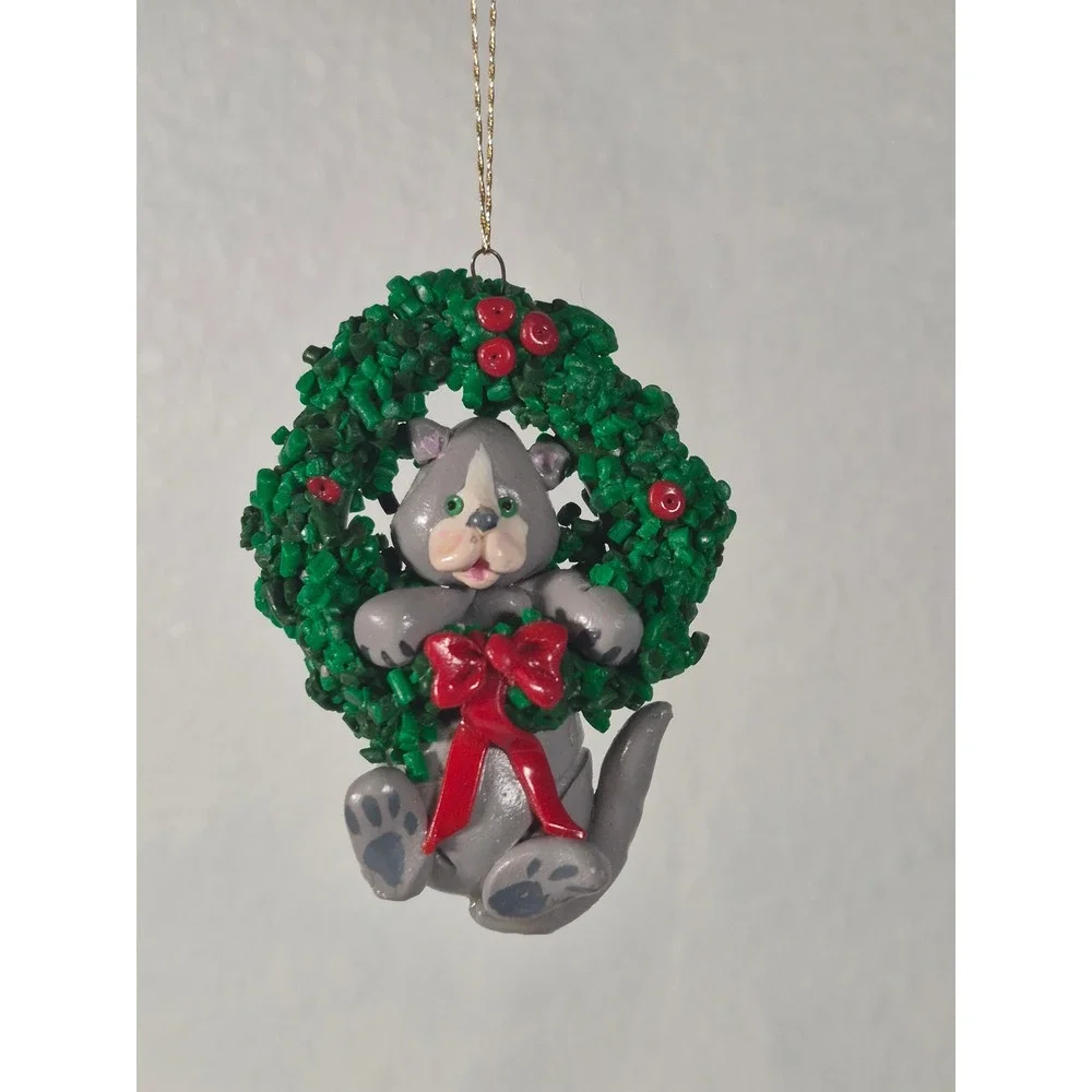 Handmade Polymer Clay Grey Cat In Christmas Wreath Ornament Signed Betsy