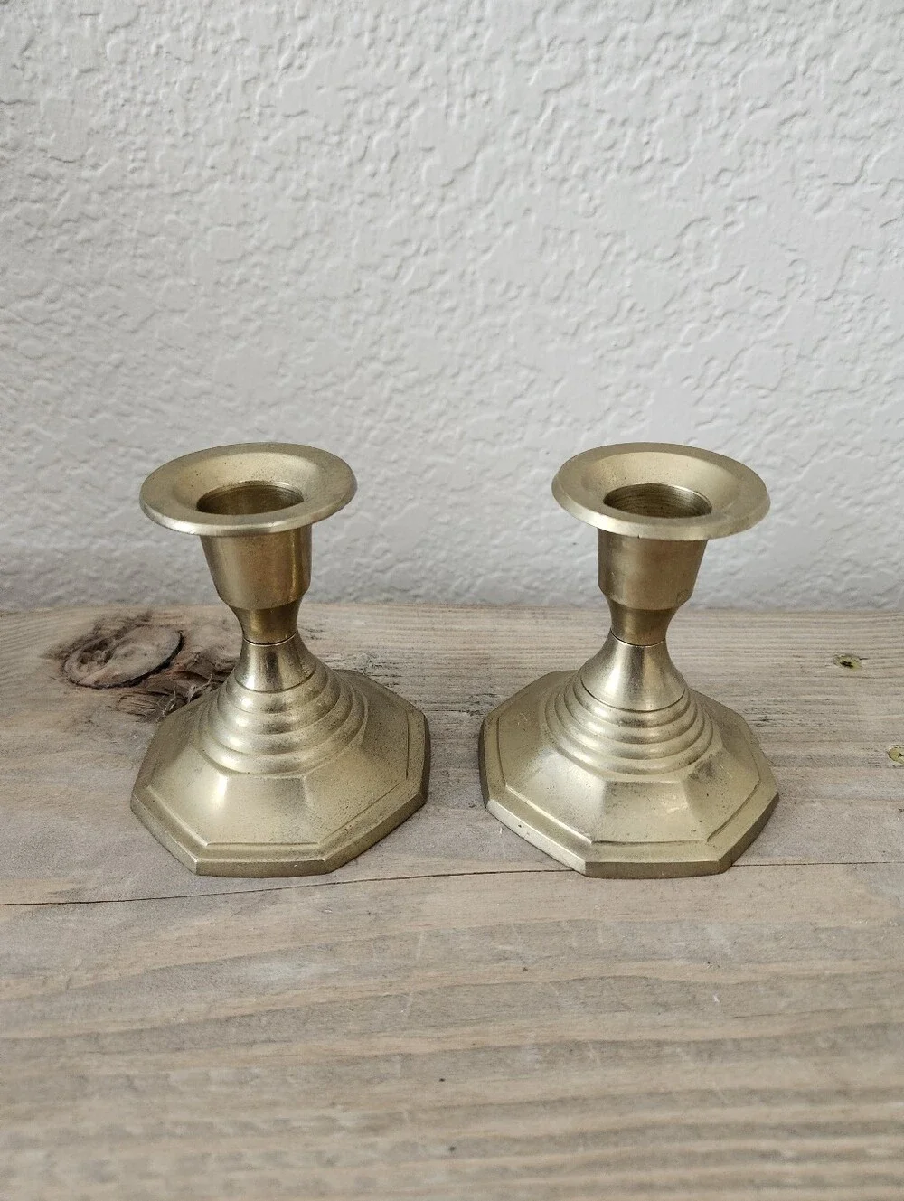 Vintage Set of 2 Octagon Base Brass Candleholders Made in India