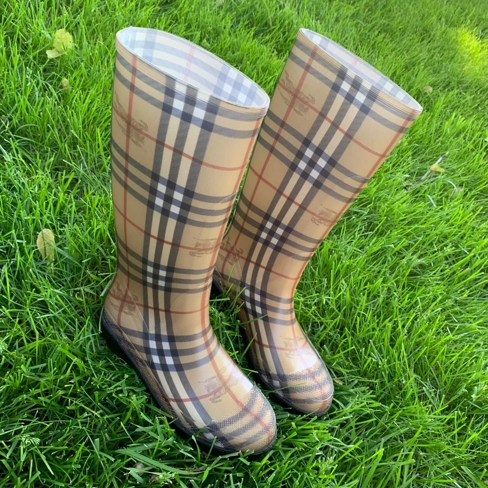 Burberry Beige Plaid Tall Women's Rain Boots