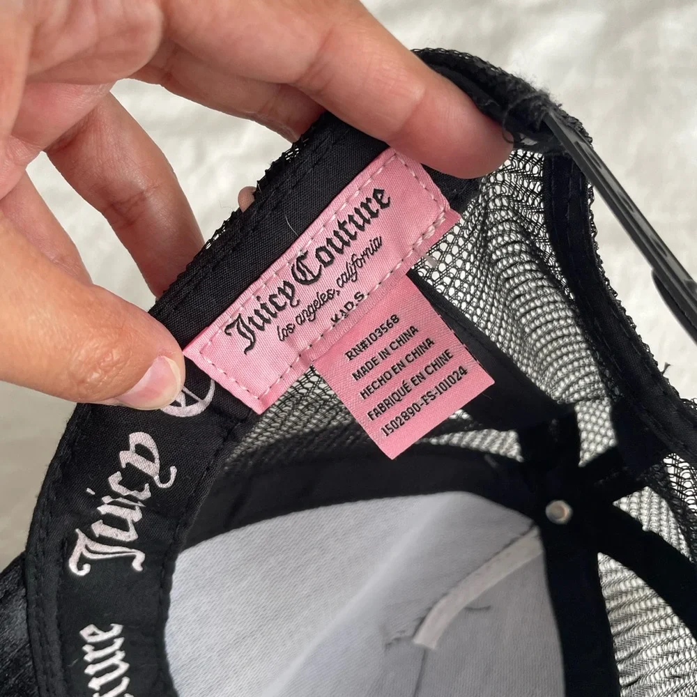 Juicy Couture Girls Black Velvet Trucker Hat | Pink Rhinestone Logo | Y2K