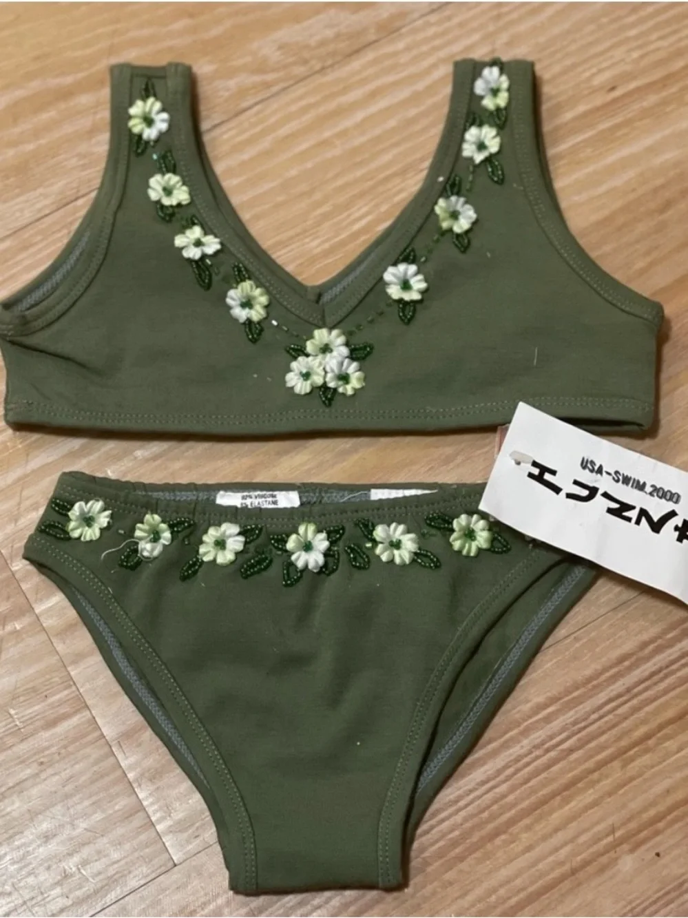 Hunza G Kids Olive Green Bikini Set with Floral Embroidery