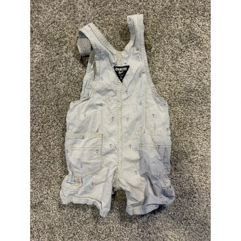 OshKosh Overalls Kids 3T Blue Seersucker Anchor Shortalls Nautical Cotton Bib