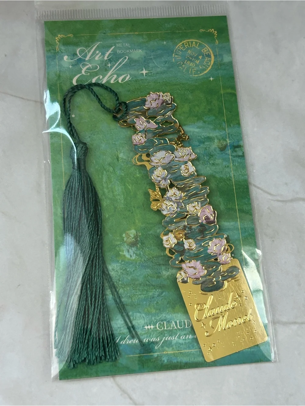 Van Gogh Gold Floral Metal Bookmark with Green Tassel