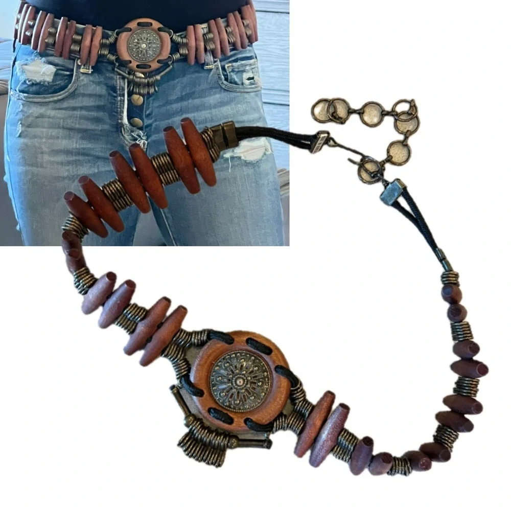 VIntage Women Belt Metal Medallion Wood Boho Western Coachella 37”