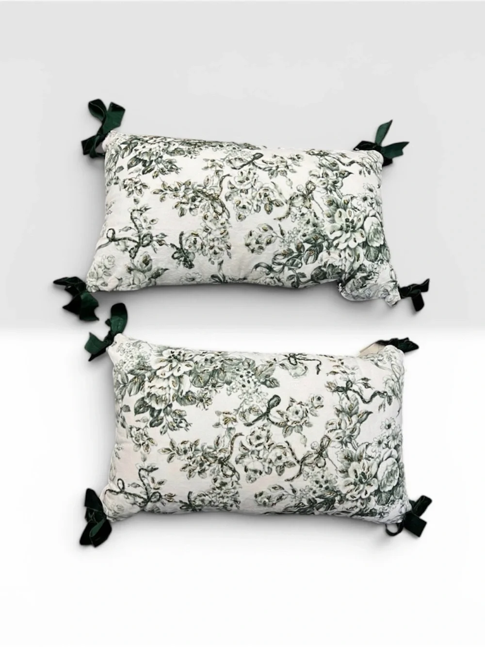 Elegant Velvet Green Bow Ties Floral Toile Lumbar Pillow 14x24” Laura Ashley