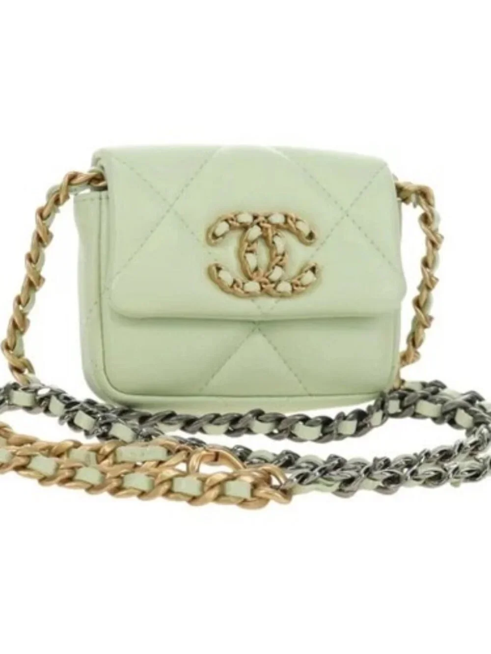 CHANEL Matelasse 19 Chain Bag Lamb Skin Gold Light green CC Auth 188887SAM