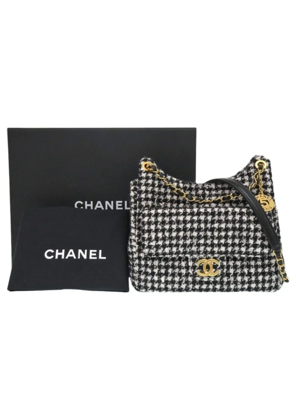Chanel CC Logo Hobo Tweed Black Shoulder Bag Random Plate Gold White