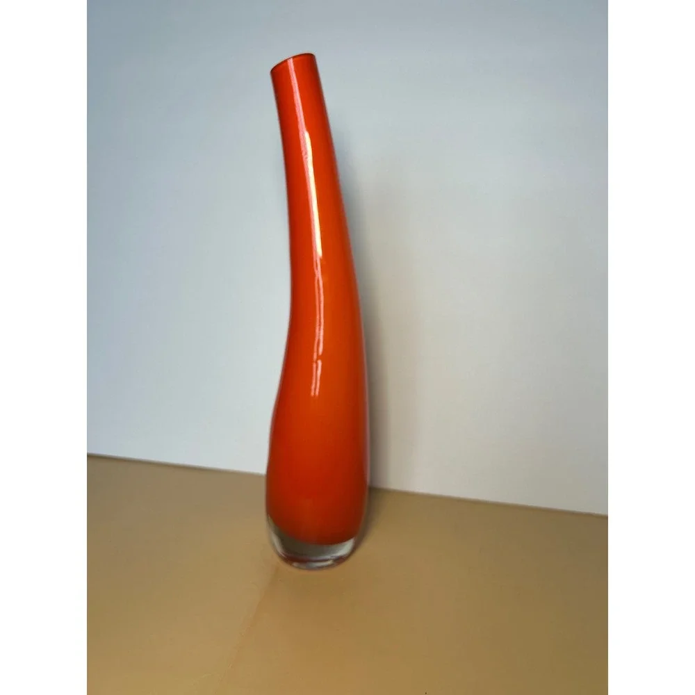 Vintage Orange Art Glass Bud‎ Vase Tall Curved Mid Century Modern Style 12 Inch