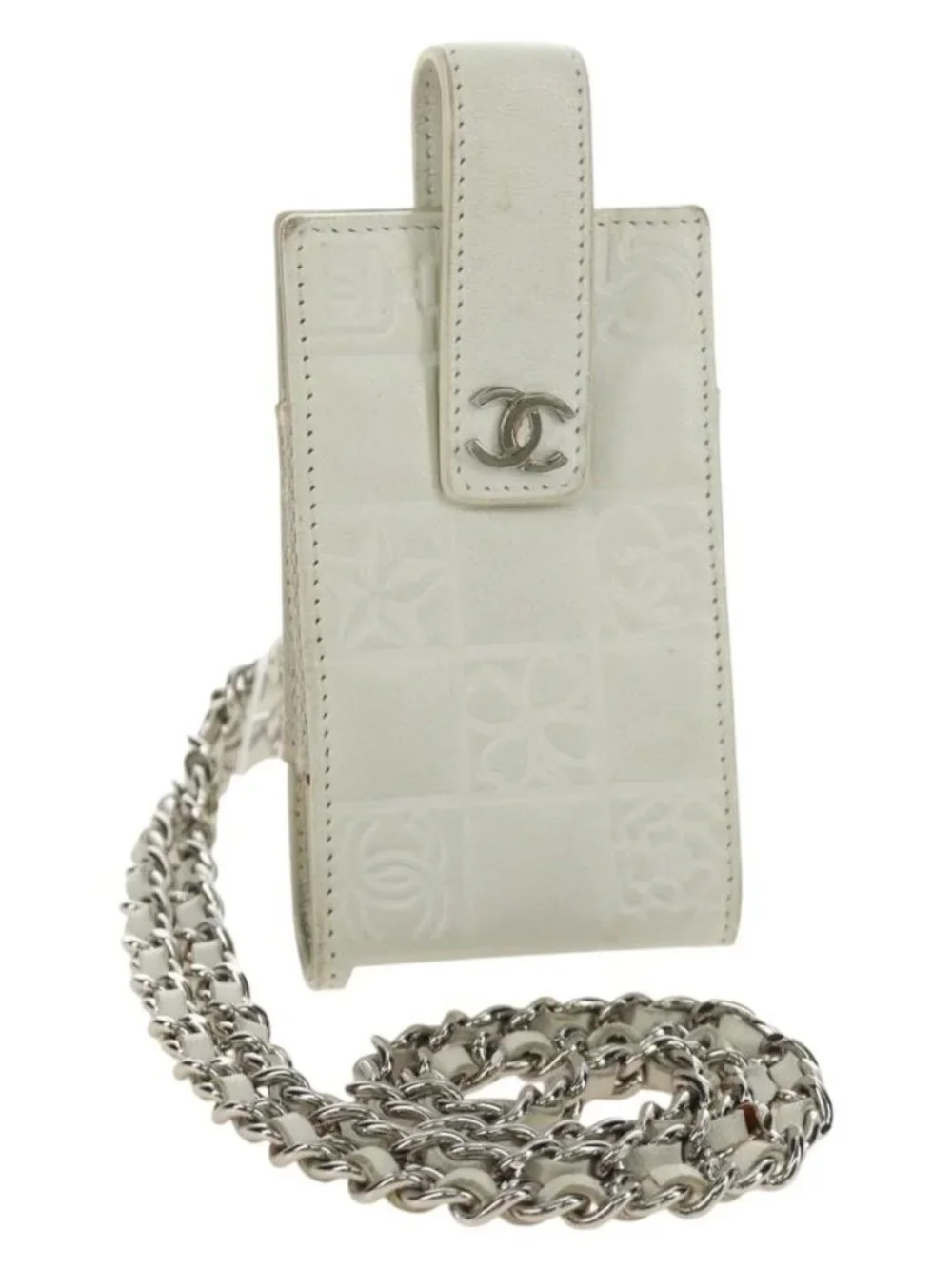 CHANEL icon Chain Shoulder Pouch Lamb Skin White Silver CC Auth 184233A