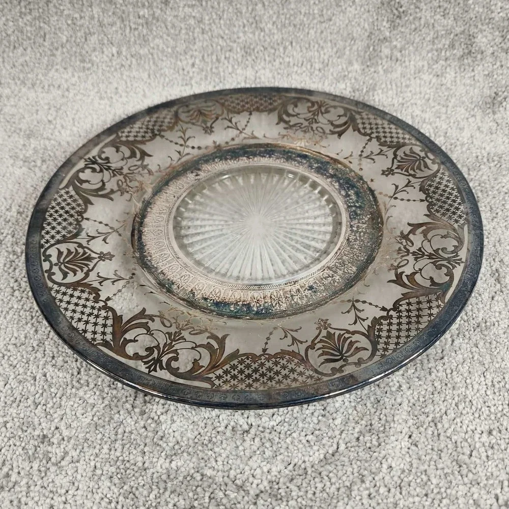 Vintage Silver Overlay‎ Glass Plate Clear Floral Scroll Etched Sunburst