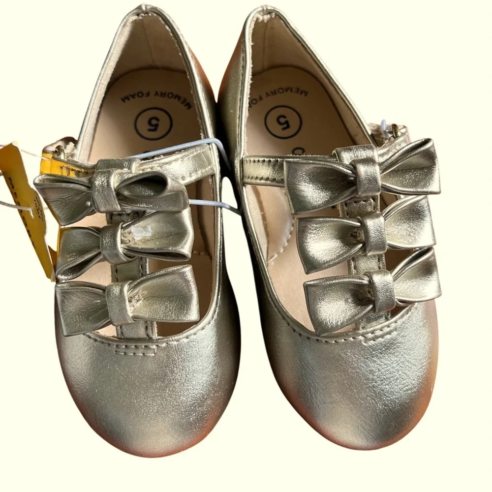 Cat & Jack Toddler Girls Gold‎ Metallic Triple Bow Mary Jane Shoes Size 6 NEW