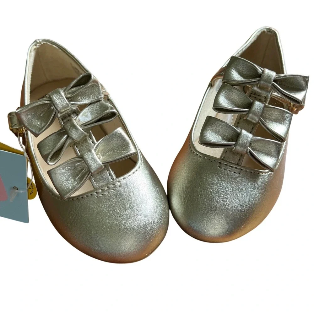 Cat & Jack Toddler Girls Gold‎ Metallic Triple Bow Mary Jane Shoes Size 6 NEW