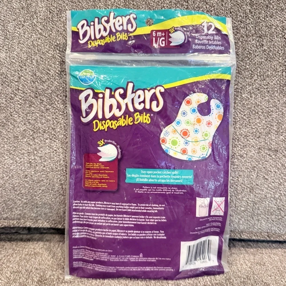 NOS Bibsters package of 12 disposable bibs ages 6M+ large