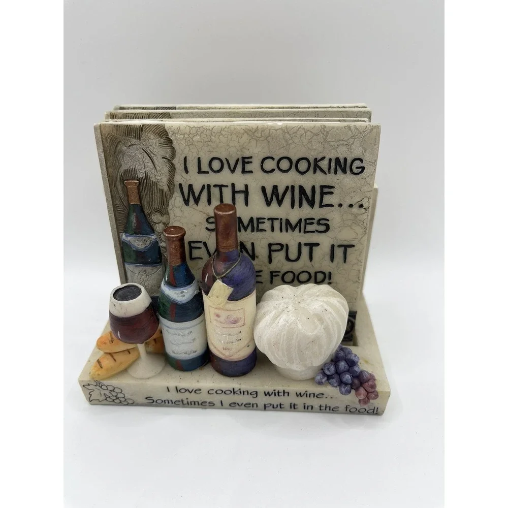 I Love Cooking With Wine 5 Piece Coaster Set 4 Square Tiles‎ and Holder