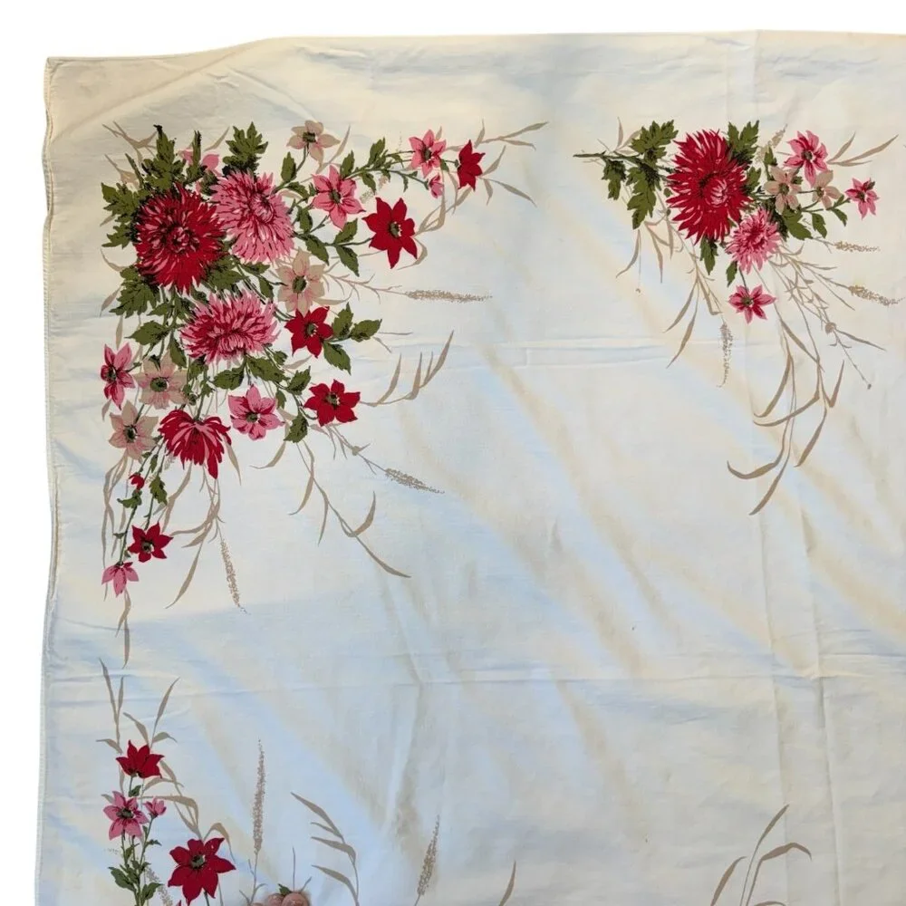 Vintage Floral Tablecloth MCM Red Pink Chrysanthemum Print Mum Flower‎ 51 x 60”