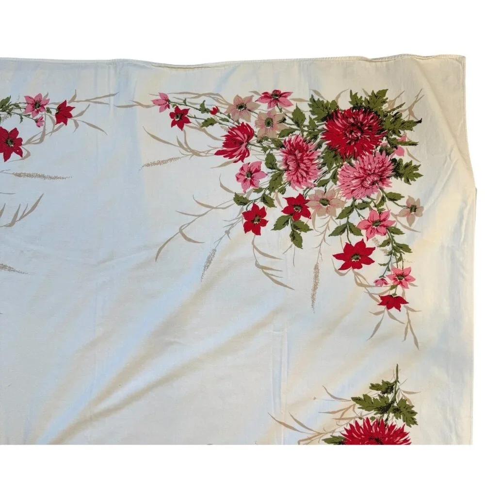 Vintage Floral Tablecloth MCM Red Pink Chrysanthemum Print Mum Flower‎ 51 x 60”
