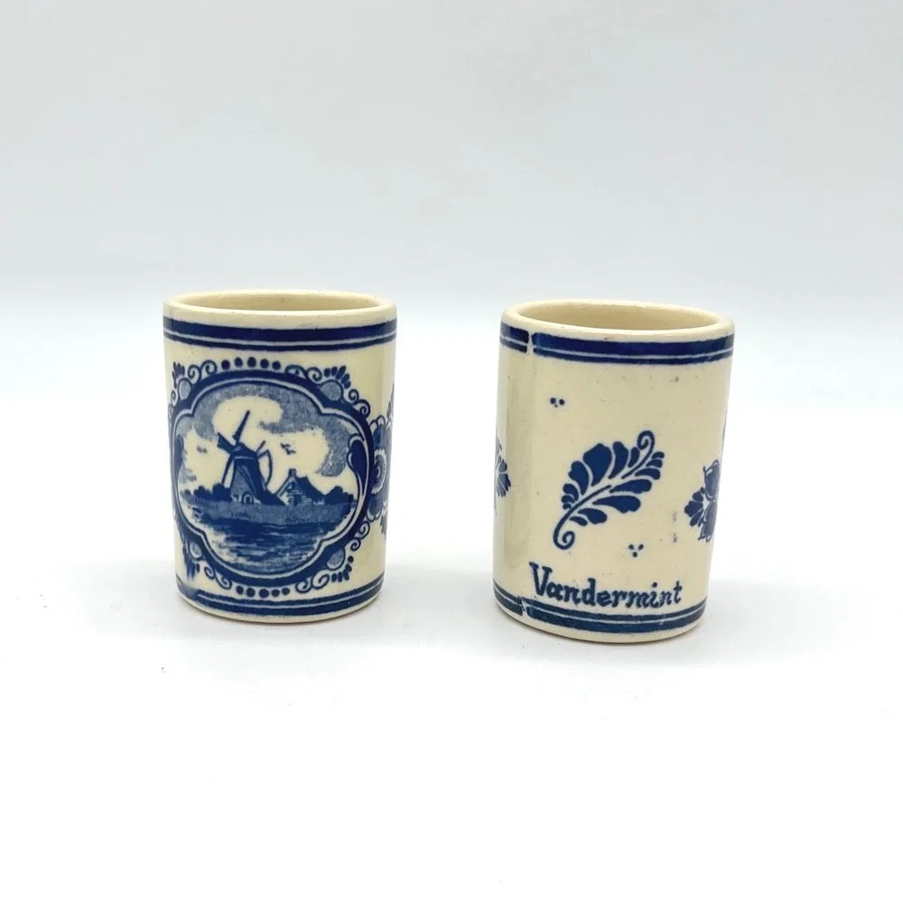 Vintage Vandermint Delft Blue Ceramic Shot Glasses‎ Windmill Dutch Barware