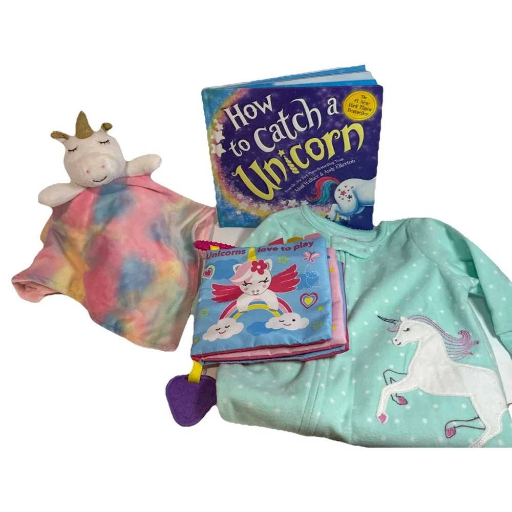 Baby Girl Shower Gift, Newborn Unicorn Present, 2 Unicorn Books, Pajamas & Lovey