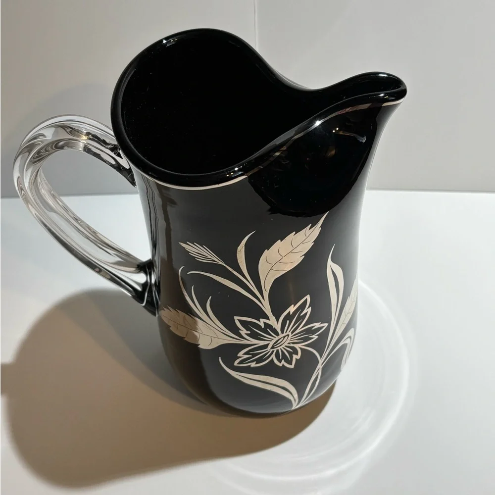 Black Glass Floral Pitcher Silver Etched Flowers Clear Handle Vintage