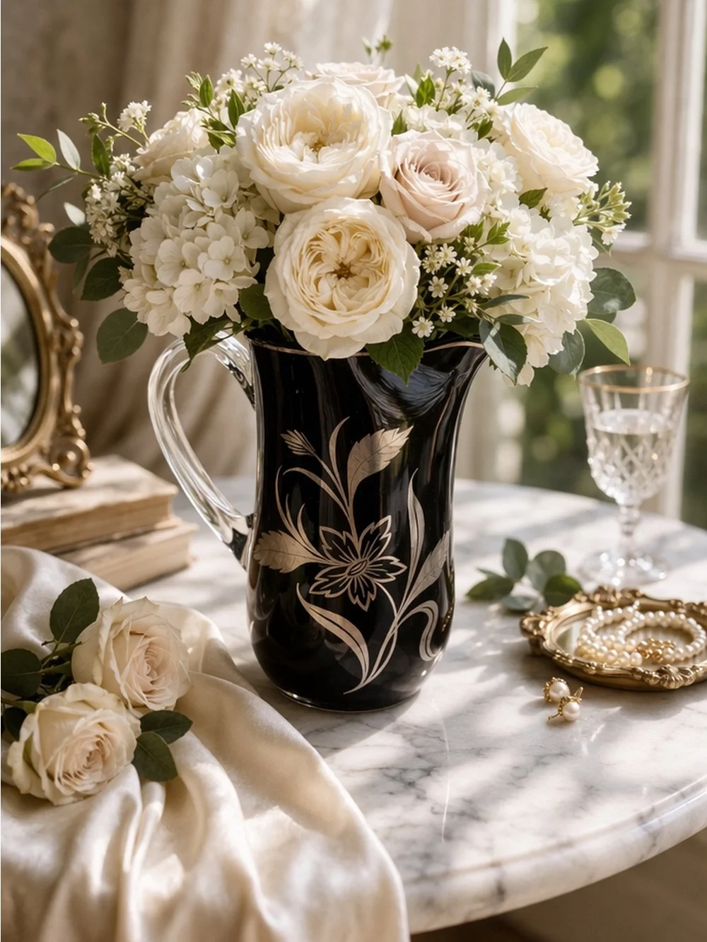 Black Glass Floral Pitcher Silver Etched Flowers Clear Handle Vintage