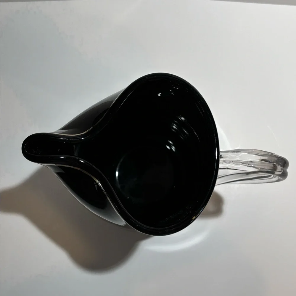 Black Glass Floral Pitcher Silver Etched Flowers Clear Handle Vintage